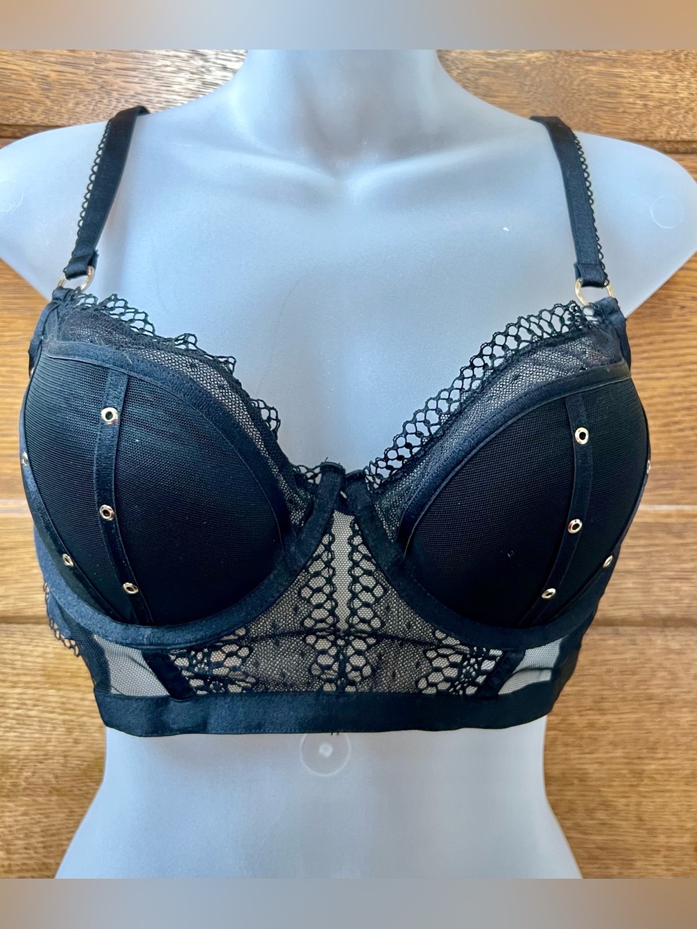 Honey Birdette Black Lace Push-up Bra with Gold Eyelets